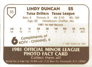 1981 TCMA Tulsa Drillers #25 Lindy Duncan Back