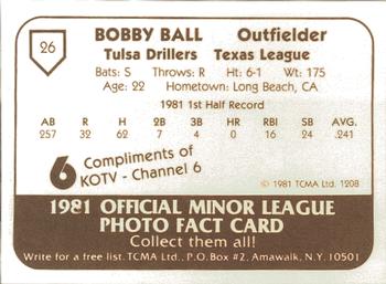 1981 TCMA Tulsa Drillers #26 Bobby Ball Back