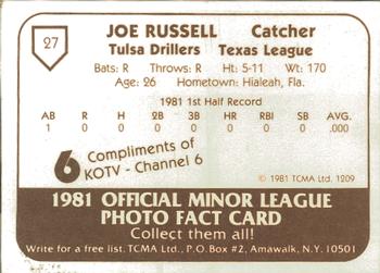 1981 TCMA Tulsa Drillers #27 Joe Russell Back