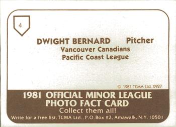 1981 TCMA Vancouver Canadians #4 Dwight Bernard Back
