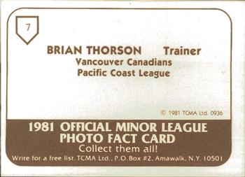 1981 TCMA Vancouver Canadians #7 Brian Thorson Back