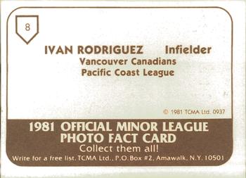 1981 TCMA Vancouver Canadians #8 Ivan Rodriguez Back