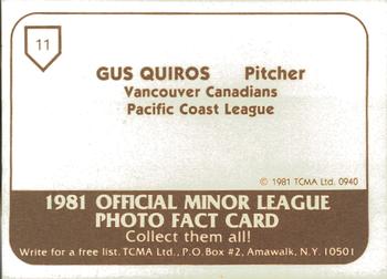 1981 TCMA Vancouver Canadians #11 Gus Quiros Back