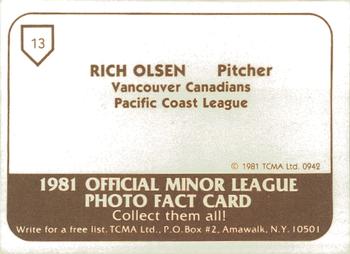 1981 TCMA Vancouver Canadians #13 Rich Olsen Back