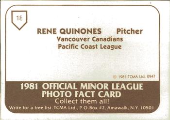 1981 TCMA Vancouver Canadians #18 Rene Quinones Back