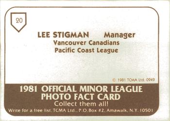 1981 TCMA Vancouver Canadians #20 Lee Sigman Back