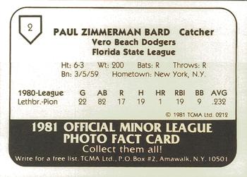 1981 TCMA Vero Beach Dodgers #2 Paul Bard Back