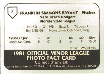 1981 TCMA Vero Beach Dodgers #3 Frank Bryant Back