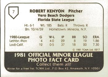 1981 TCMA Vero Beach Dodgers #7 Bobby Kenyon Back