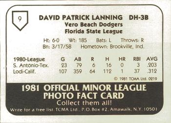 1981 TCMA Vero Beach Dodgers #9 Dave Lanning Back