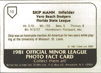 1981 TCMA Vero Beach Dodgers #10 Skip Mann Back