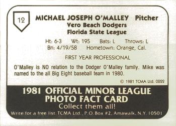1981 TCMA Vero Beach Dodgers #12 Mike O'Malley Back