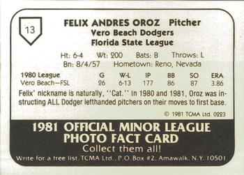 1981 TCMA Vero Beach Dodgers #13 Felix Oroz Back