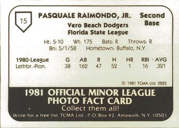 1981 TCMA Vero Beach Dodgers #15 Pat Raimondo Back