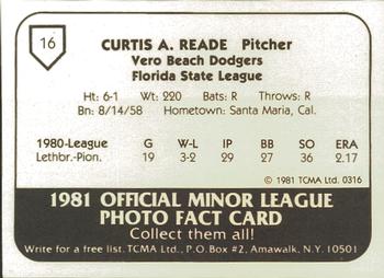 1981 TCMA Vero Beach Dodgers #16 Curtis Reade Back