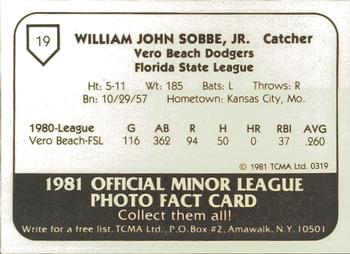 1981 TCMA Vero Beach Dodgers #19 Bill Sobbe Back