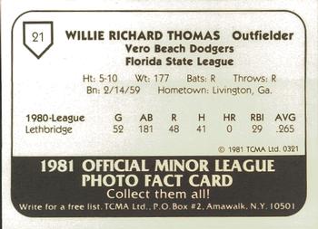 1981 TCMA Vero Beach Dodgers #21 Ricky Thomas Back
