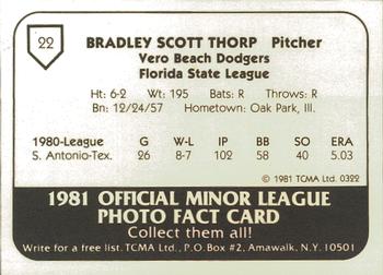 1981 TCMA Vero Beach Dodgers #22 Brad Thorp Back