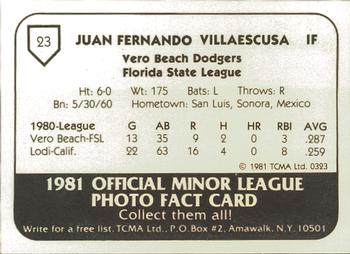 1981 TCMA Vero Beach Dodgers #23 Juan Villaescusa Back