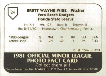 1981 TCMA Vero Beach Dodgers #24 Brett Wise Back