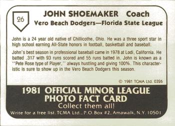 1981 TCMA Vero Beach Dodgers #26 John Shoemaker Back