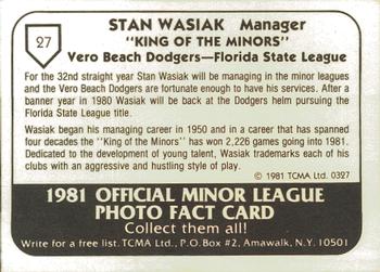 1981 TCMA Vero Beach Dodgers #27 Stan Wasiak Back