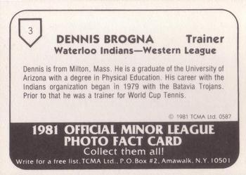 1981 TCMA Waterloo Indians #3 Dennis Brogna Back