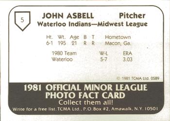 1981 TCMA Waterloo Indians #5 John Asbell Back