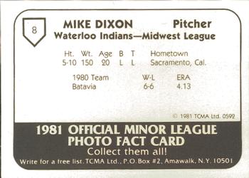 1981 TCMA Waterloo Indians #8 Mike Dixon Back