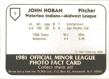1981 TCMA Waterloo Indians #9 John Hoban Back