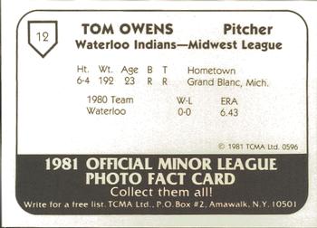 1981 TCMA Waterloo Indians #12 Tom Owens Back