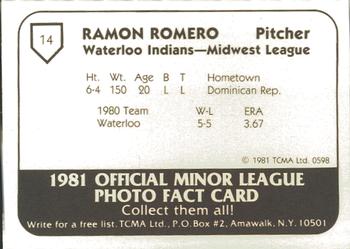 1981 TCMA Waterloo Indians #14 Ramon Romero Back