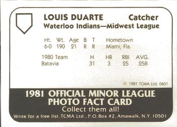 1981 TCMA Waterloo Indians #17 Louis Duarte Back
