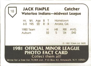 1981 TCMA Waterloo Indians #18 Jack Fimple Back