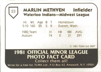 1981 TCMA Waterloo Indians #23 Marlin Methven Back