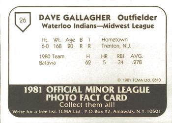 1981 TCMA Waterloo Indians #26 Dave Gallagher Back