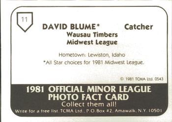 1981 TCMA Wausau Timbers #11 David Blume Back