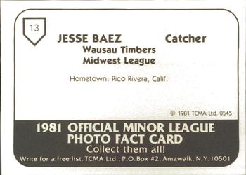1981 TCMA Wausau Timbers #13 Jesse Baez Back
