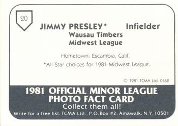 1981 TCMA Wausau Timbers #20 Jimmy Presley Back