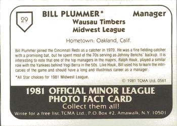 1981 TCMA Wausau Timbers #29 Bill Plummer Back