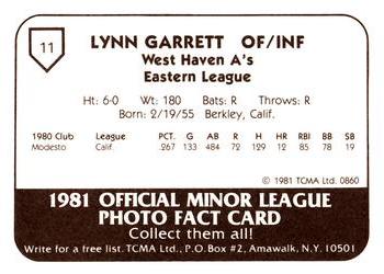 1981 TCMA West Haven A's #11 Lynn Garrett Back