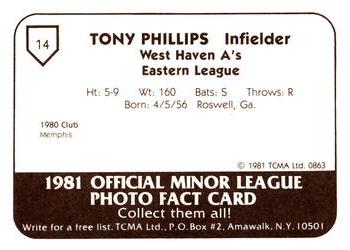 1981 TCMA West Haven A's #14 Tony Phillips Back