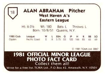1981 TCMA West Haven A's #18 Alan Abraham Back