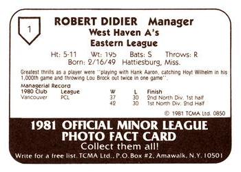 1981 TCMA West Haven A's #1 Robert Didier Back