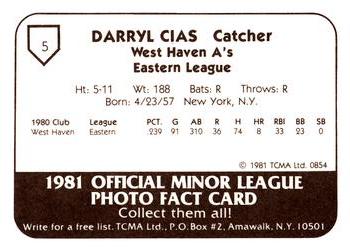 1981 TCMA West Haven A's #5 Darryl Cias Back
