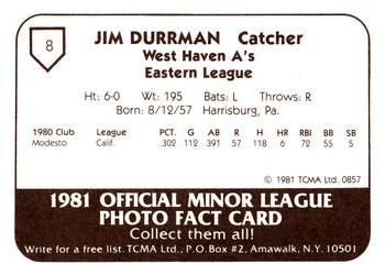 1981 TCMA West Haven A's #8 Jim Durrman Back