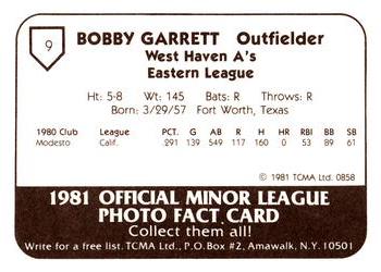 1981 TCMA West Haven A's #9 Bobby Garrett Back