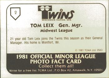 1981 TCMA Wisconsin Rapids Twins #2 Tom Leix Back