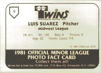 1981 TCMA Wisconsin Rapids Twins #9 Luis Suarez Back