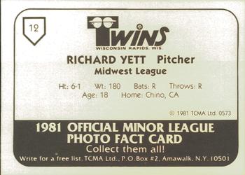 1981 TCMA Wisconsin Rapids Twins #12 Richard Yett Back